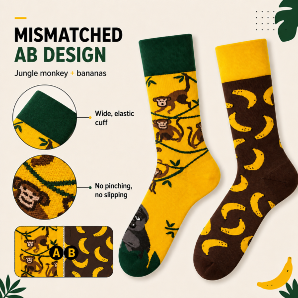 Cotton Mismatched Socks, Monkey & Banana Couple Crew Socks, Unisex Streetwear Skate Socks, Fun Novelty Socks for Men & Women