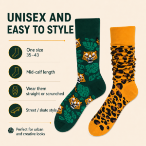 ChatGPT Image 2026年7月22日 17_51_15 (2) Cotton Leopard Print Mismatched Socks, Wild Jungle Theme Couple Crew Socks, Retro American Streetwear Workwear Socks for Men & Women