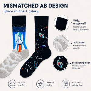 ChatGPT Image 2026年7月22日 17_54_43 (3) Cotton Space Rocket Mismatched Socks, Galaxy Planet Cartoon Print Couple Crew Socks, Unisex Fun Novelty Socks for Men & Women