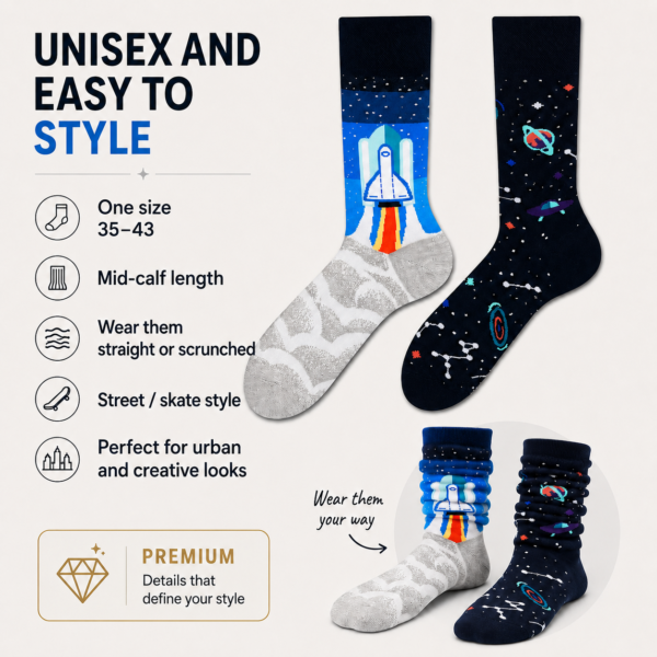 ChatGPT Image 2026年7月22日 17_54_43 (4) Cotton Space Rocket Mismatched Socks, Galaxy Planet Cartoon Print Couple Crew Socks, Unisex Fun Novelty Socks for Men & Women