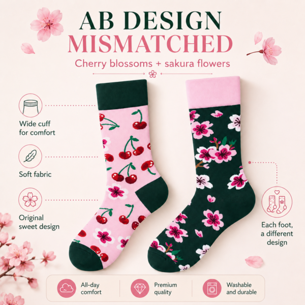 Cotton Cherry Blossom Mismatched Socks, Dark Green Floral Couple Crew Socks, Soft Aesthetic Streetwear Socks for Women & Girls