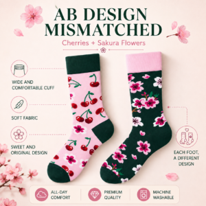 ChatGPT Image 2026年7月22日 17_57_33 (2) Cotton Cherry Blossom Mismatched Socks, Dark Green Floral Couple Crew Socks, Soft Aesthetic Streetwear Socks for Women & Girls