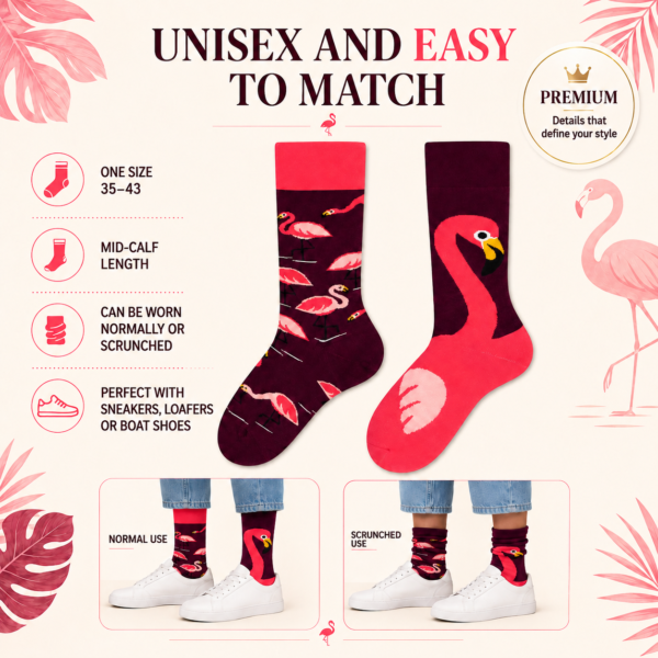 Cotton Flamingo Mismatched Socks, Tropical Bird Jacquard Couple Crew Socks, Unisex Resort Style Casual Streetwear Socks