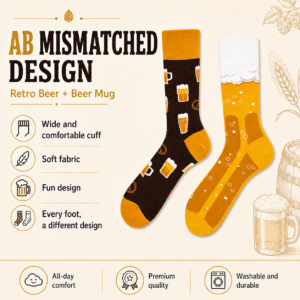 ChatGPT Image 2026年7月22日 18_04_58 (1) Cotton Beer Foam Mismatched Socks, American Vintage Tavern Style Couple Crew Socks, Fun Novelty Streetwear Socks for Men & Women