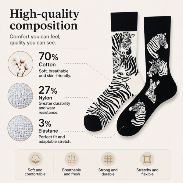 ChatGPT Image 2026年7月22日 18_12_37 (3) Cotton Zebra Mismatched Socks, Black & White Animal Print Couple Crew Socks, Minimalist Streetwear Socks for Men & Women, Trendy Instagram Style Socks