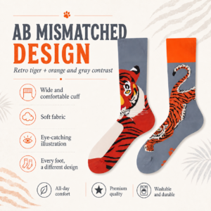 ChatGPT Image 2026年7月22日 18_12_37 (4) Cotton Tiger Mismatched Socks, Asymmetric Animal Print Couple Crew Socks, Unisex Streetwear Long Socks, Trendy Instagram Style Socks
