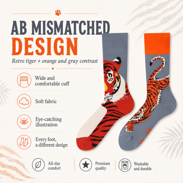 ChatGPT Image 2026年7月22日 18_12_37 (4) Cotton Tiger Mismatched Socks, Asymmetric Animal Print Couple Crew Socks, Unisex Streetwear Long Socks, Trendy Instagram Style Socks