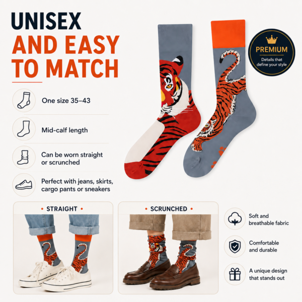 ChatGPT Image 2026年7月22日 18_12_37 (5) Cotton Tiger Mismatched Socks, Asymmetric Animal Print Couple Crew Socks, Unisex Streetwear Long Socks, Trendy Instagram Style Socks