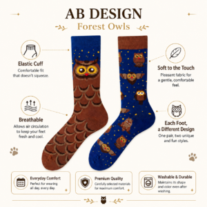 ChatGPT Image 2026年7月22日 18_23_24 Cotton Owl Mismatched Socks, Starry Sky Animal Print Couple Crew Socks, Cute Woodland Bird Socks, Nature-Inspired Unisex Streetwear Socks