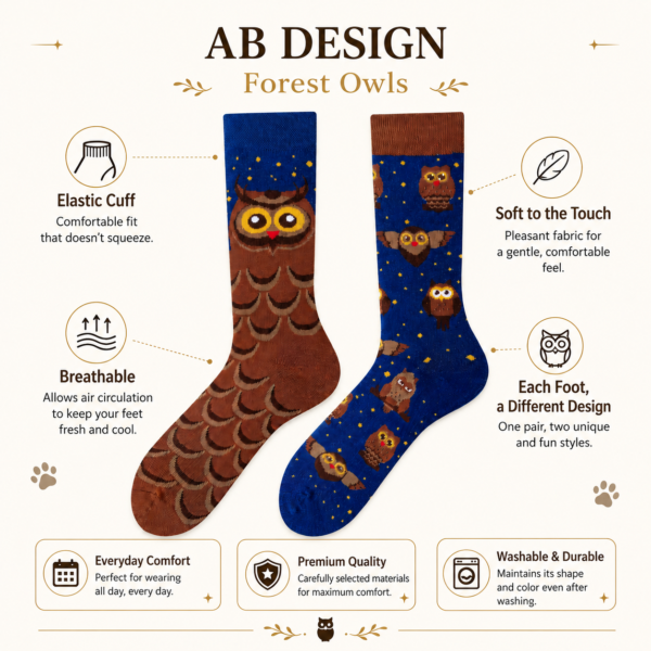 ChatGPT Image 2026年7月22日 18_23_24 Cotton Owl Mismatched Socks, Starry Sky Animal Print Couple Crew Socks, Cute Woodland Bird Socks, Nature-Inspired Unisex Streetwear Socks