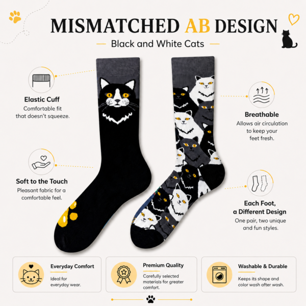 Cotton Cat Mismatched Socks, Black & White Animal Print Couple Crew Socks, Cute Pet Pattern Novelty Socks for Men & Women