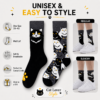 Cotton Cat Mismatched Socks, Black & White Animal Print Couple Crew Socks, Cute Pet Pattern Novelty Socks for Men & Women
