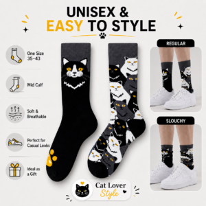 ChatGPT Image 2026年7月22日 18_26_38 (2) Cotton Cat Mismatched Socks, Black & White Animal Print Couple Crew Socks, Cute Pet Pattern Novelty Socks for Men & Women