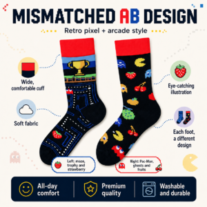 ChatGPT Image 2026年7月23日 17_39_44 (1) Cotton Pixel Game Mismatched Socks, Retro Arcade Maze Crew Socks with Trophy & Strawberry Prints, Unisex Novelty Streetwear Socks
