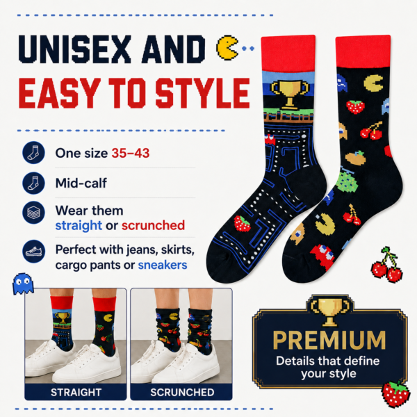 ChatGPT Image 2026年7月23日 17_39_44 (2) Cotton Pixel Game Mismatched Socks, Retro Arcade Maze Crew Socks with Trophy & Strawberry Prints, Unisex Novelty Streetwear Socks