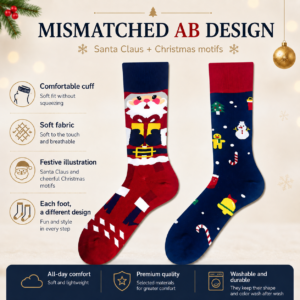 Cotton Santa Claus Mismatched Socks, Christmas Couple Crew Socks, Red & Blue Color Block Holiday Socks, Cute Cartoon Novelty Socks for Men & Women
