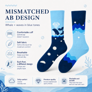 ChatGPT Image 2026年7月23日 17_42_58 (3) Cotton Whale Mismatched Socks, Ocean Wave Gradient Couple Crew Socks, Blue Sea Bubble Print Novelty Socks, Unisex Streetwear Socks for Men & Women
