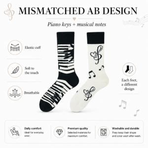 Cotton Piano Note Mismatched Socks, Black & White Keyboard Pattern Couple Crew Socks, Music Inspired Aesthetic Socks, Unisex Streetwear Socks for Men & Women
